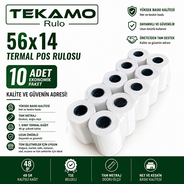 Tekamo 56x14 Termal Pos Yazarkasa Rulosu 10 Adet 1 Paket