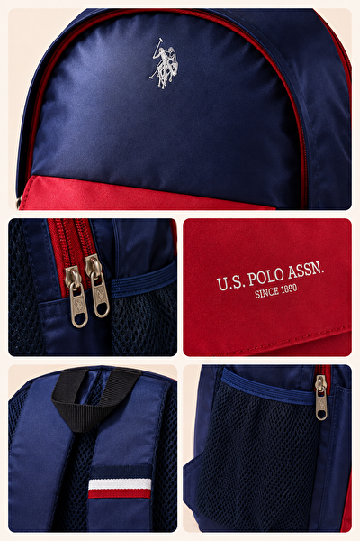 U.S. Polo Assn. Saten Kumaş İlkokul Ortaokul Okul Sırt Çantası Ortopedik Hafif Çok Gözlü Lacivert Kırmızı PLCAN26102