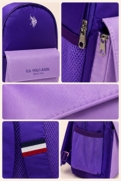U.S. Polo Assn. Mor Lila Kız Çocuk Okul Çantası Parlak Saten İlkokul Ortaokul Sırt Çantası PLCAN26103