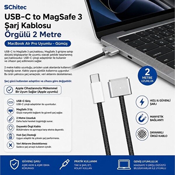 ScHitec ZR332S USB-C MagSafe 3 Örgülü 2 Metre MacBook Air Pro Uyumlu Siyah Şarj Kablosu