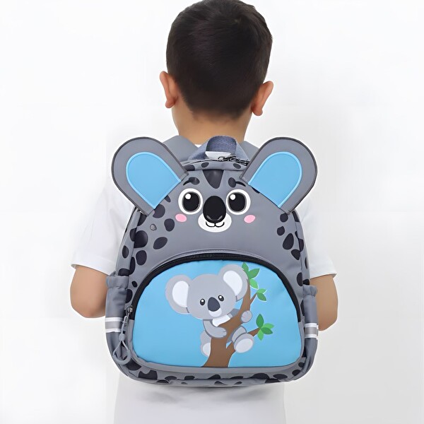 Woomino Sevimli Koala Figürlü Gri Mavi Desenli Kız-Erkek Çocuk Anaokulu Sırt Çantası