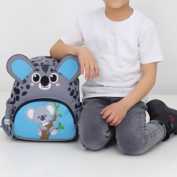 Woomino Sevimli Koala Figürlü Gri Mavi Desenli Kız-Erkek Çocuk Anaokulu Sırt Çantası