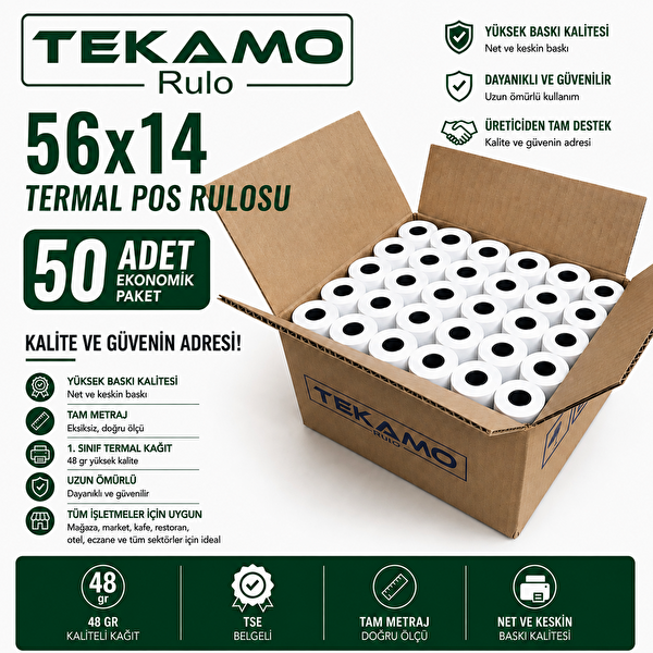 Tekamo 56x14 Termal Yazar Kasa Pos Rulosu - 50 Adet - 5 Paket