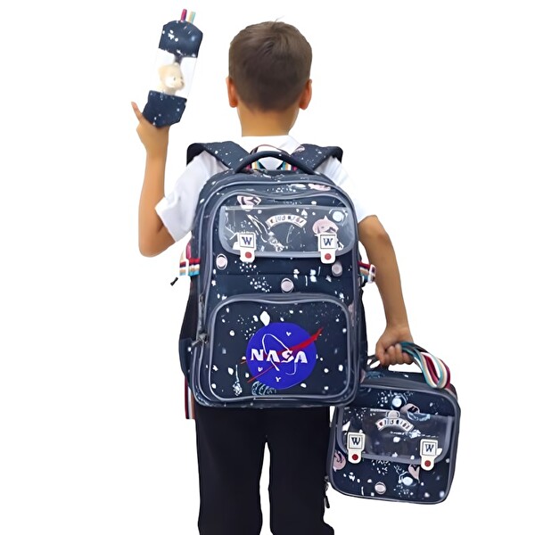 Woomino NASA Temalı 3'lü İlkokul Çanta Seti - Peluş Oyuncak Hediyeli