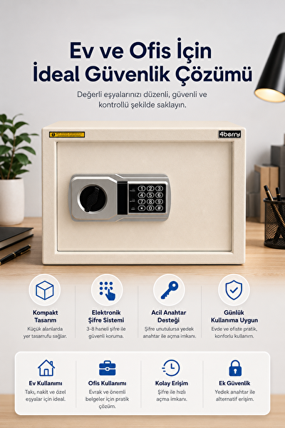 4Berry TC-028 Acil Durum Anahtarlı Şifreli Dijital Akıllı Elektronik Kasa Çelik Kasa