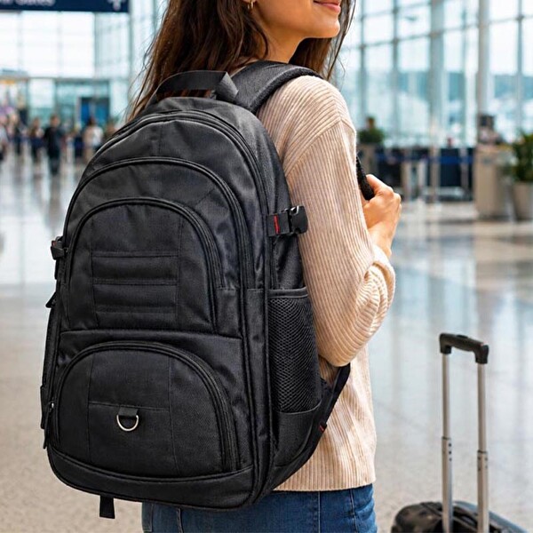 Woomino Unisex Siyah 5 Cepli Suya Dayanıklı Seyahat Outdoor ve Günlük Kullanım Sırt Çantası