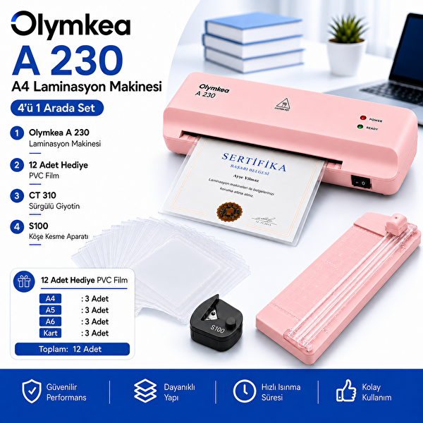 Olymkea A230s 4'ü 1 Arada (A4)A 230 Set Pembe Oly Laminasyon Makinesi