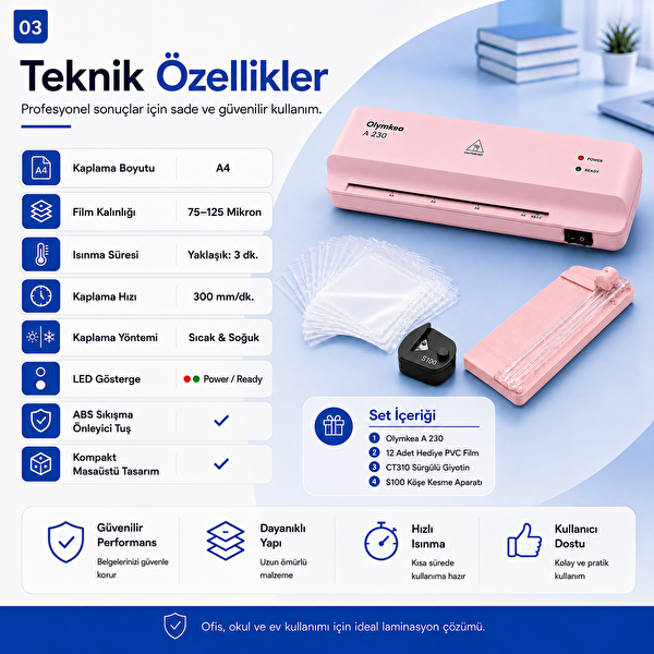 Olymkea A230s 4'ü 1 Arada (A4)A 230 Set Pembe Oly Laminasyon Makinesi