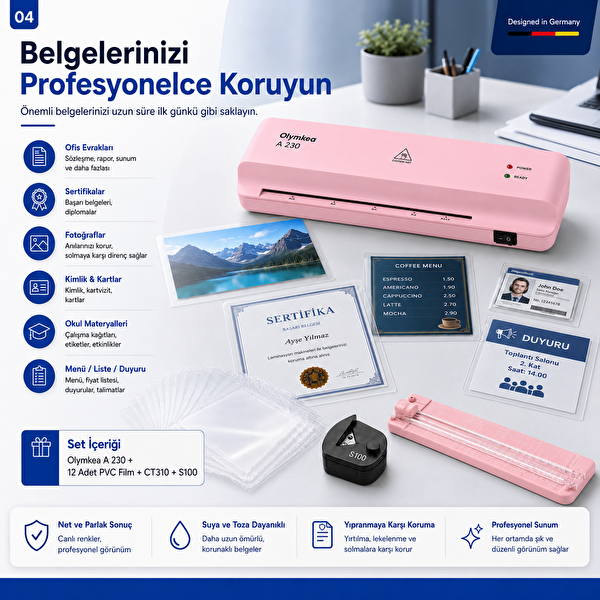 Olymkea A230s 4'ü 1 Arada (A4)A 230 Set Pembe Oly Laminasyon Makinesi