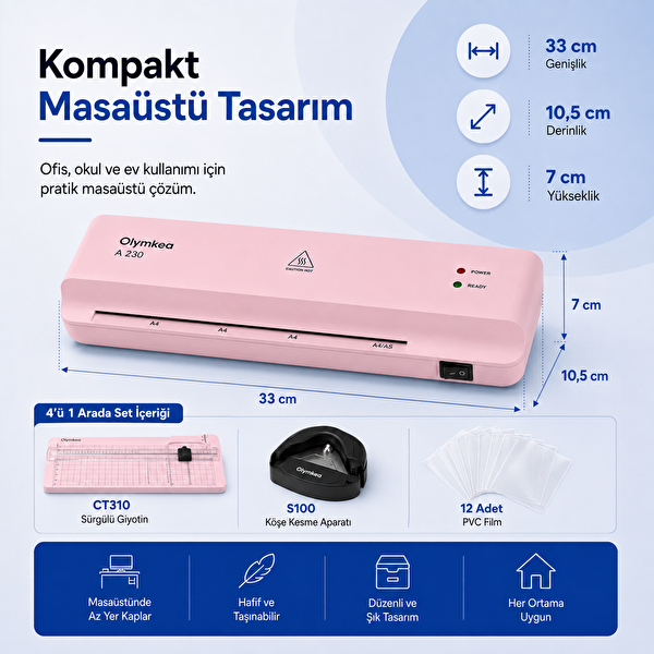 Olymkea A230s 4'ü 1 Arada (A4)A 230 Set Pembe Oly Laminasyon Makinesi
