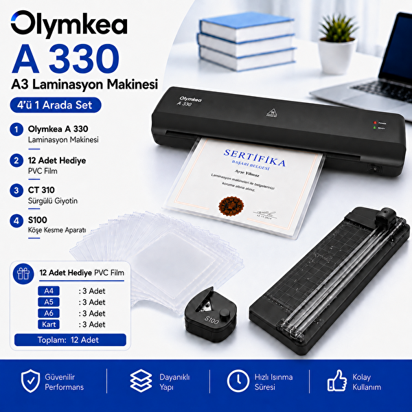 Olymkea A330s A3 Siyah Laminasyon Makinesi 4'ü 1 Arada Set ve Hediye 12 Adet PVC Film