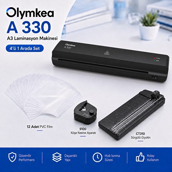 Olymkea A330s A3 Siyah Laminasyon Makinesi 4'ü 1 Arada Set ve Hediye 12 Adet PVC Film