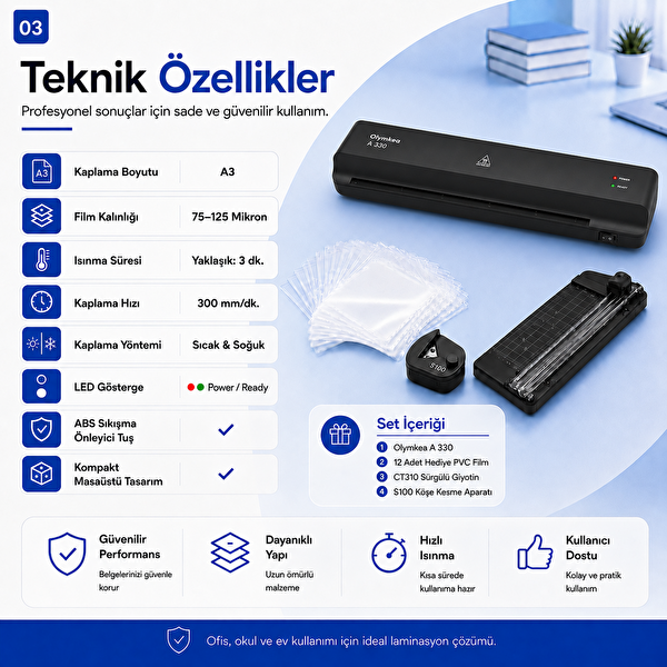 Olymkea A330s A3 Siyah Laminasyon Makinesi 4'ü 1 Arada Set ve Hediye 12 Adet PVC Film