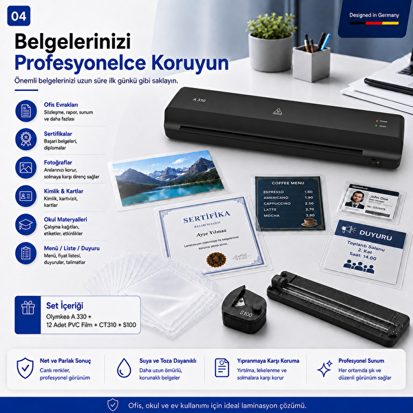 Olymkea A330s A3 Siyah Laminasyon Makinesi 4'ü 1 Arada Set ve Hediye 12 Adet PVC Film
