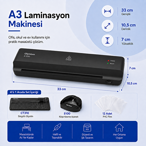 Olymkea A330s A3 Siyah Laminasyon Makinesi 4'ü 1 Arada Set ve Hediye 12 Adet PVC Film