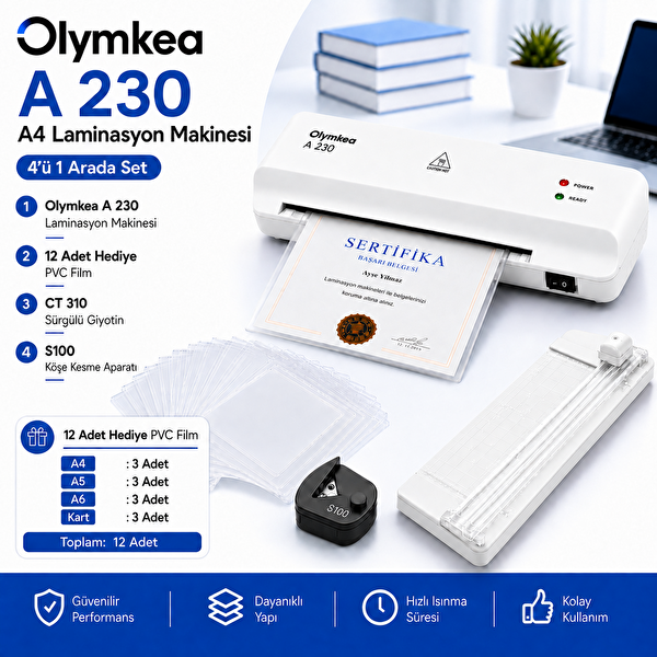 Olymkea A230s 4'ü 1 Arada Set Beyaz Laminasyon Makinesi (A4)
