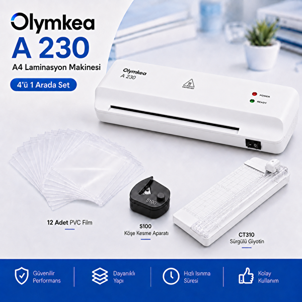 Olymkea A230s 4'ü 1 Arada Set Beyaz Laminasyon Makinesi (A4)