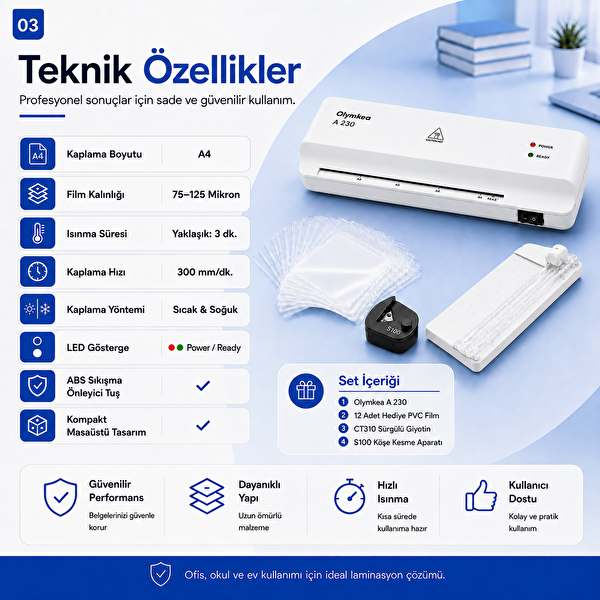 Olymkea A230s 4'ü 1 Arada Set Beyaz Laminasyon Makinesi (A4)
