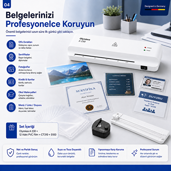 Olymkea A230s 4'ü 1 Arada Set Beyaz Laminasyon Makinesi (A4)