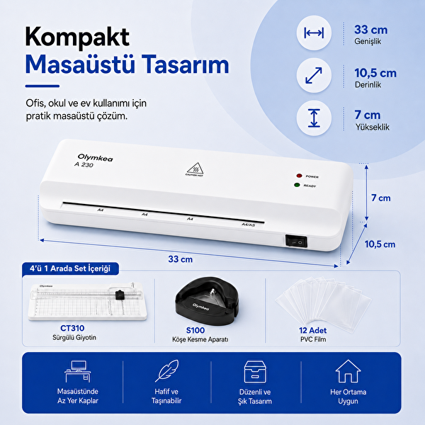 Olymkea A230s 4'ü 1 Arada Set Beyaz Laminasyon Makinesi (A4)