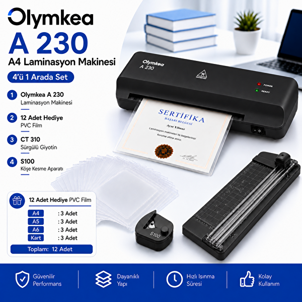 Olymkea A230s 4'ü 1 Arada Set Siyah Laminasyon Makinesi (A4)