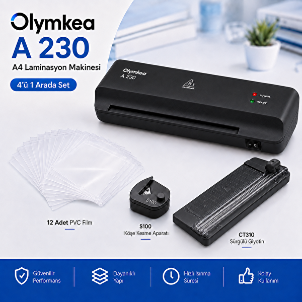 Olymkea A230s 4'ü 1 Arada Set Siyah Laminasyon Makinesi (A4)