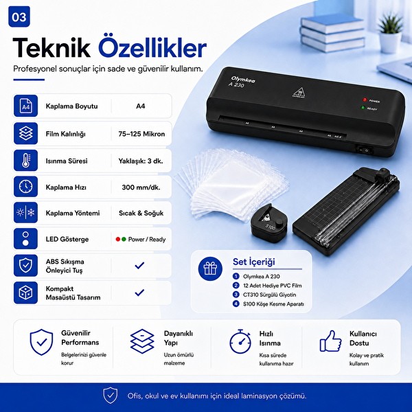 Olymkea A230s 4'ü 1 Arada Set Siyah Laminasyon Makinesi (A4)