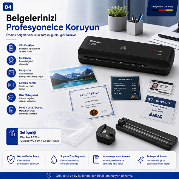 Olymkea A230s 4'ü 1 Arada Set Siyah Laminasyon Makinesi (A4)