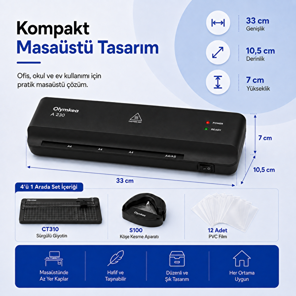 Olymkea A230s 4'ü 1 Arada Set Siyah Laminasyon Makinesi (A4)
