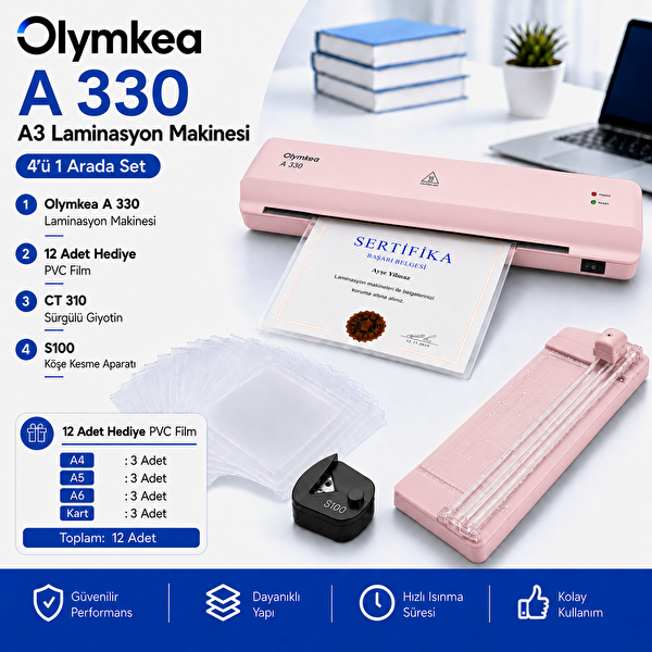 Olymkea A330s A3 Pembe Laminasyon Makinesi 4'ü 1 Arada Set ve Hediye 12 Adet PVC Film