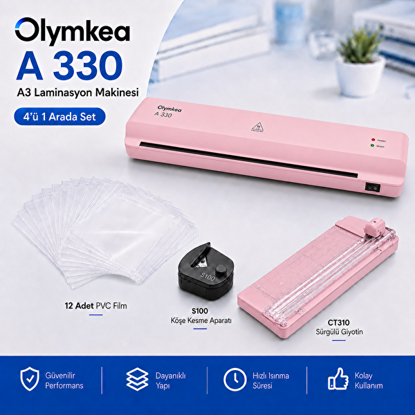 Olymkea A330s A3 Pembe Laminasyon Makinesi 4'ü 1 Arada Set ve Hediye 12 Adet PVC Film