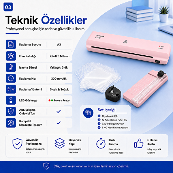 Olymkea A330s A3 Pembe Laminasyon Makinesi 4'ü 1 Arada Set ve Hediye 12 Adet PVC Film