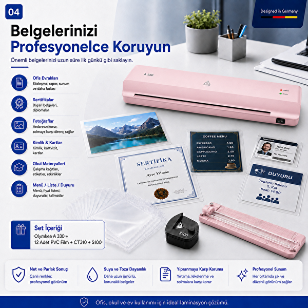Olymkea A330s A3 Pembe Laminasyon Makinesi 4'ü 1 Arada Set ve Hediye 12 Adet PVC Film