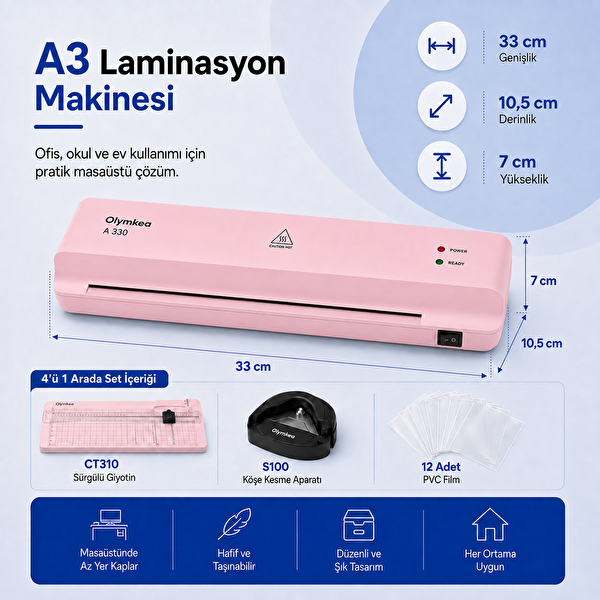 Olymkea A330s A3 Pembe Laminasyon Makinesi 4'ü 1 Arada Set ve Hediye 12 Adet PVC Film