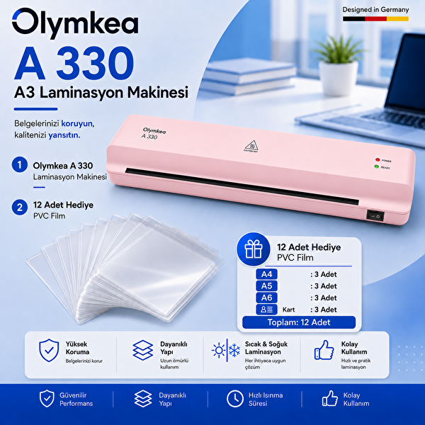 Olymkea A330 A3 Pembe Laminasyon Makinesi ve 12 Adet PVC Hediyeli