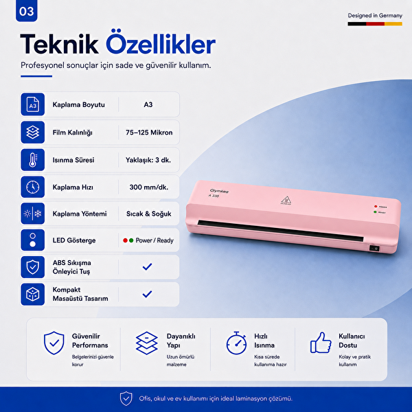 Olymkea A330 A3 Pembe Laminasyon Makinesi ve 12 Adet PVC Hediyeli