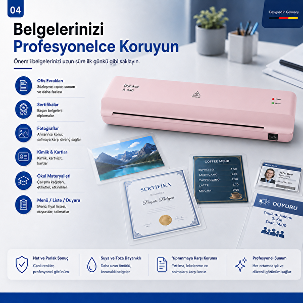 Olymkea A330 A3 Pembe Laminasyon Makinesi ve 12 Adet PVC Hediyeli