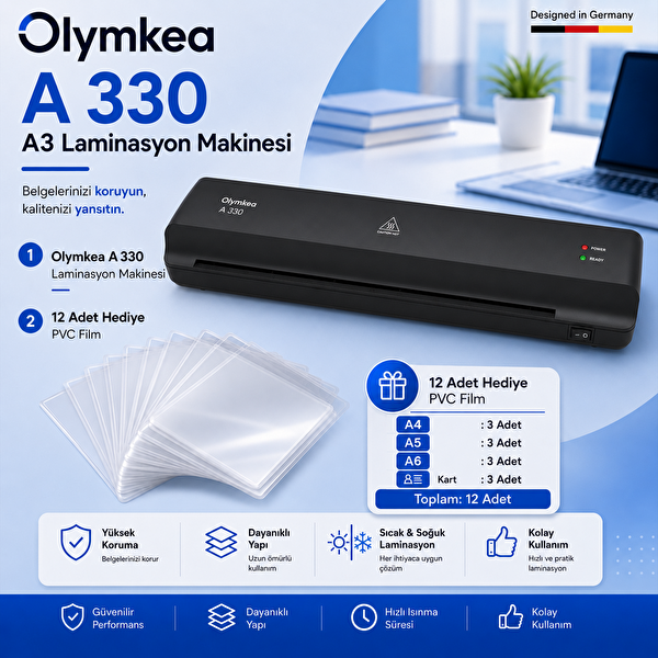 Olymkea A330 A3 Siyah Laminasyon Makinesi ve 12 Adet PVC Hediyeli