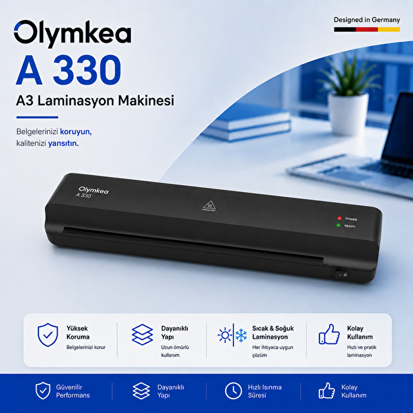 Olymkea A330 A3 Siyah Laminasyon Makinesi ve 12 Adet PVC Hediyeli
