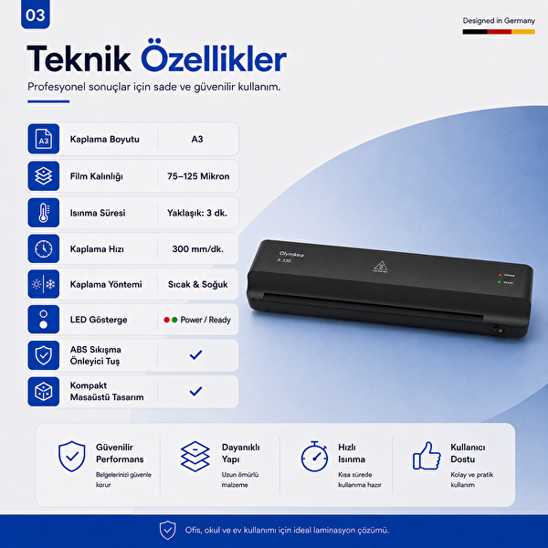 Olymkea A330 A3 Siyah Laminasyon Makinesi ve 12 Adet PVC Hediyeli