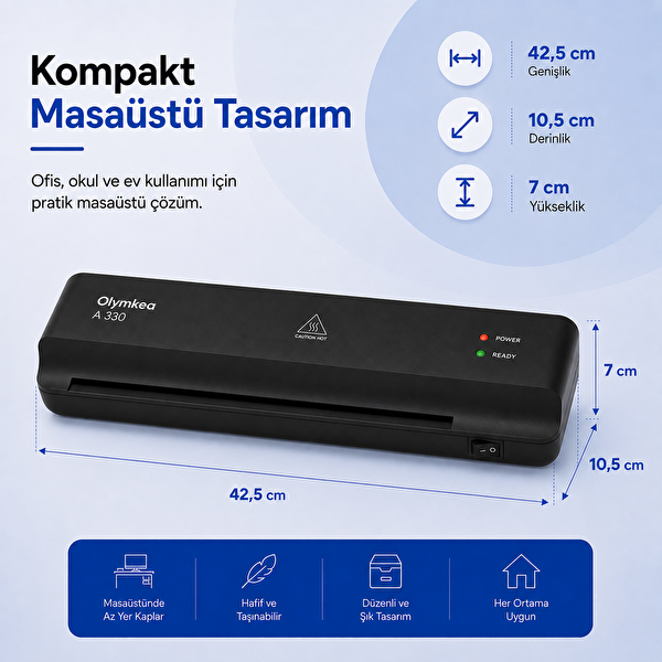 Olymkea A330 A3 Siyah Laminasyon Makinesi ve 12 Adet PVC Hediyeli