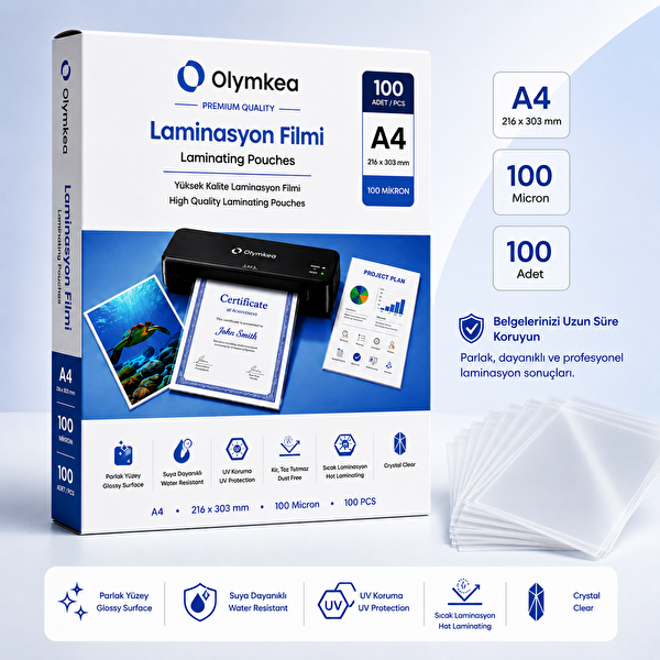 Olymkea A4 Laminasyon Filmi 100 Mikron - 100 Adet - 216 × 303 MM