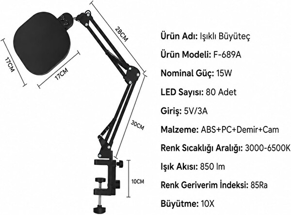 Coverzone F-689A 10X LED ENT 80 LED 15W 850 Lümen Işıklı Büyüteçli Masa Lambası