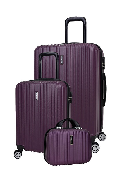 Elatae 1020 Büyük - Kabin Boy ve Makyaj Mor 3'lü Valiz Seti