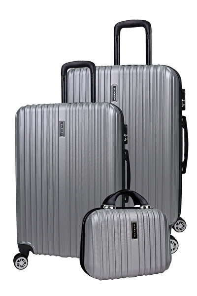 Elatae 1020 Büyük - Orta Boy ve Makyaj Gri 3'lü Valiz Seti