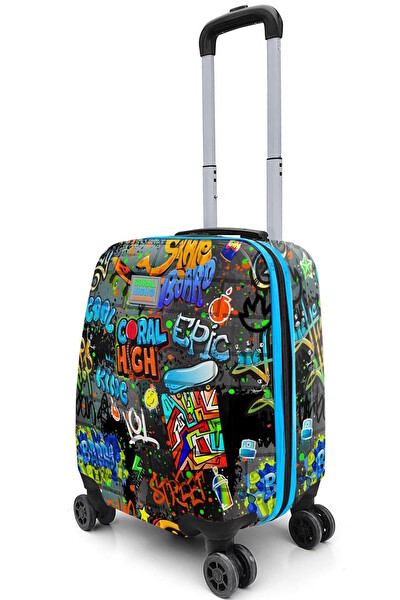Elatae Policarbon Kırılmaz Siyah Mavi Grafiti Desenli Çocuk Valizi
