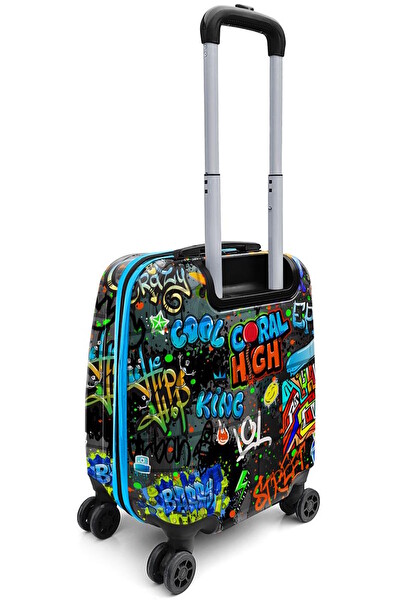 Elatae Policarbon Kırılmaz Siyah Mavi Grafiti Desenli Çocuk Valizi