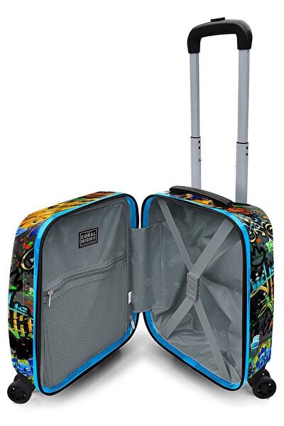 Elatae Policarbon Kırılmaz Siyah Mavi Grafiti Desenli Çocuk Valizi
