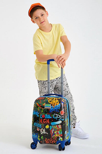 Elatae Policarbon Kırılmaz Siyah Mavi Grafiti Desenli Çocuk Valizi