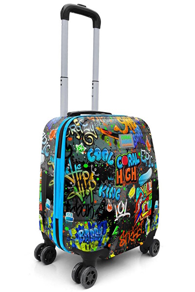 Elatae Policarbon Kırılmaz Siyah Mavi Grafiti Desenli Çocuk Valizi